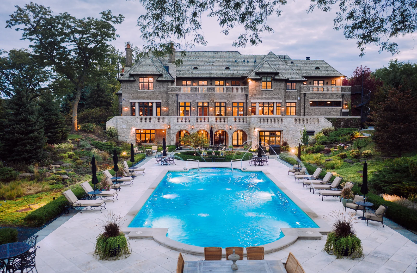 A modern home photographed at dusk